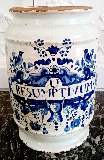 null ITALIE Albarello en faience bleue et blanc "Resumptivum" XVIIIème siècle Haut...