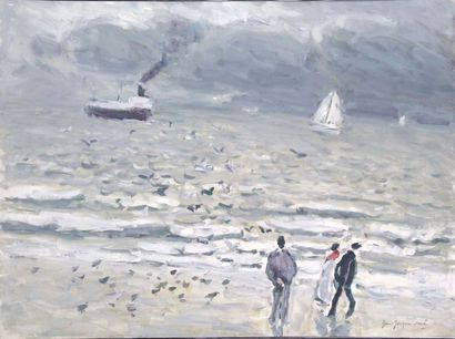 null JEAN JACQUES RENE, Né en 1943. La mer a Ostende. Huile sur toile signée en bas...