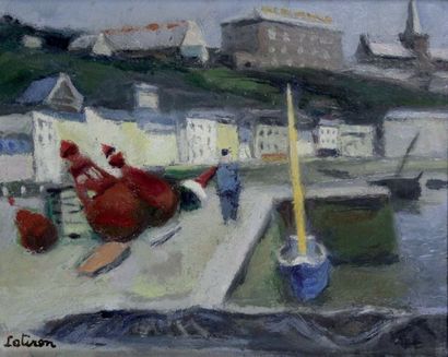 null ROBERT LOTIRON 	1886-1966. Petit bateau dans le port. Huile sur toile signée...