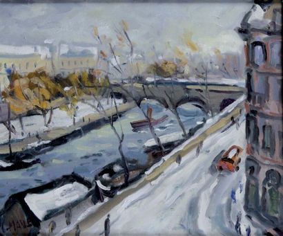 null CHARLES MALLE, Né en 1935. Paris, les quais sous la neige. Huile sur toile signée...