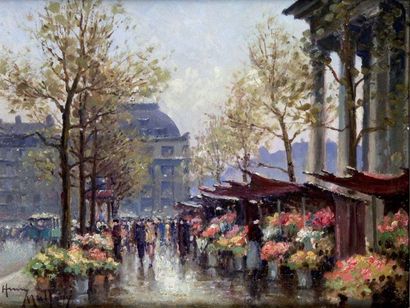 null HENRY MALFROY 1895-1944. Paris, le marché aux fleurs de la Madeleine. Huile...