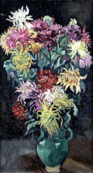 null LOUIS VALTAT 1869-1952. Vase de dahlias, 1924. Huile sur toile signée du monogramme...