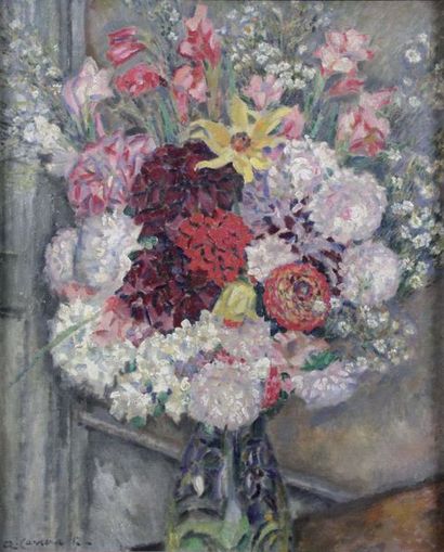 null AUGUSTIN CARRERA 1878-1952. Grand vase de fleurs. Huile sut toile signée en...