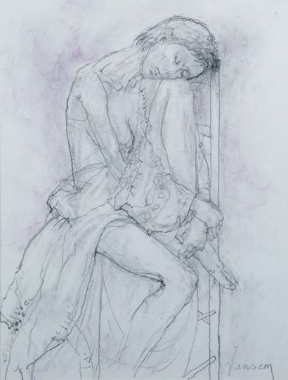 null JEAN JANSEM 	1920-2013. Modèle assis sur la chaise. Fusain et pastel signé en...