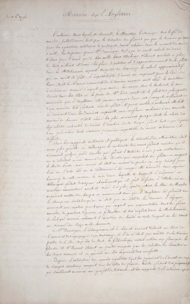 null [MANUSCRIT] Mémoire sur l’Angleterre. S.l., 28 octobre 1796, in-folio, [6] ff....