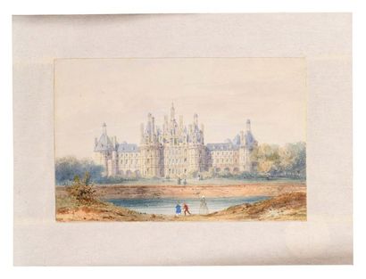 null Gaspard GOBAUT (1814-1882) Scène animée devant Chambord Aquarelle Signé en bas...