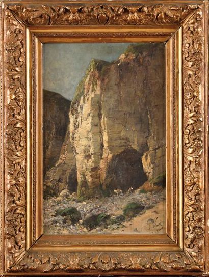 null Alexandre DEFAUX (1826-1900) Berger au pied d'une falaise, Yport Huile sur panneau...
