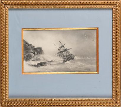 null Jules Achille NOËL (1810-1881) Bateau dans la tempête Crayon Signé et daté 1858...