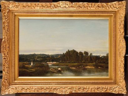 null Camille FLERS (1802-1868) Pêcheurs au bord de rivière, vers 1858 Huile sur panneau...