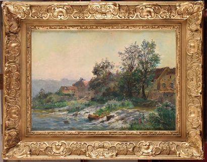 null Edmond Marie PETITJEAN (1844-1925) Scène de village en bord de rivière Huile...