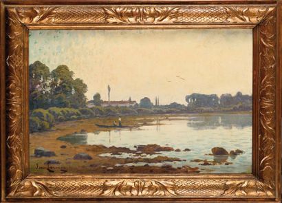 null Jean LARONZE (1852-1937) Paysage à la barque Huile sur toile Signé en bas à...