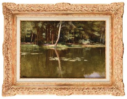 null Paul SAIN (1853-1908) Paysage lacustre en forêt Huile sur toile Signé en bas...