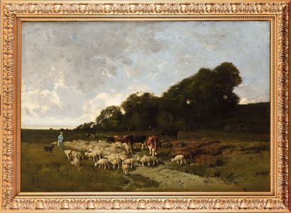 null Alexandre DEFAUX (Bercy 1826 - Montigny sur Loing 1900) Moutons et vaches en...