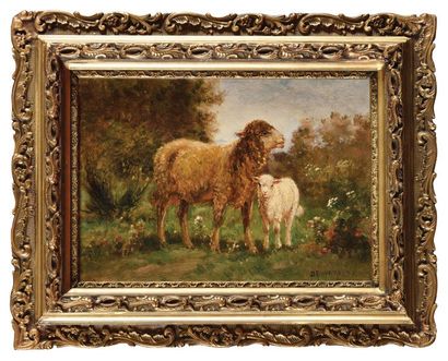 null James DESVARREUX-LARPENTEUR (1847-1937) Brebis et agneau Huile sur toile Signé...