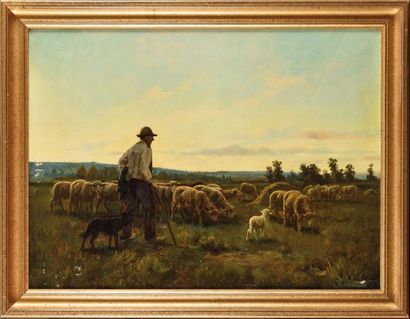 null Pablo MARTINEZ DEL RIO (1838-?) Moutons à la bergerie Huile sur toile Signé...