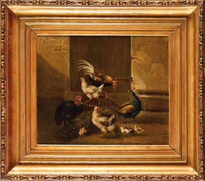 null Claude GUILLEMINET (1821-c.1866) Paon, dindon et poules Huile sur toile Signé...