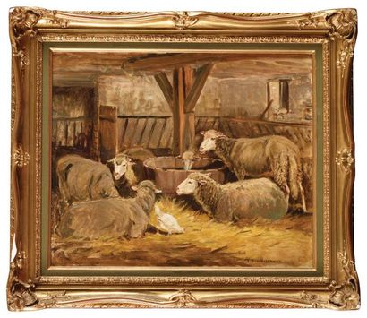 null James DESVARREUX-LARPENTEUR (1847-1937) Moutons à l'étable Huile sur toile Signé...