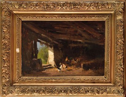 null Charles Alexandre BERTIER (1860-1924) Les poules Huile sur toile Signé en bas...