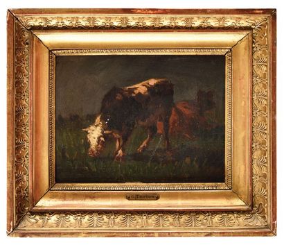 null Constant TROYON (1810-1865) Etude de vache Huile sur bois Etiquette contrecollée...