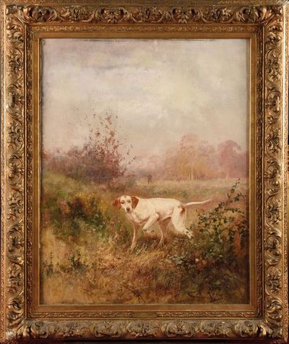 null Charles André REYNE (1873-1917) Chien et chasseur en forêt Huile sur toile Signé...