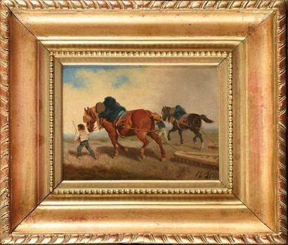 null Theodore FORT (1810-1896) Deux chevaux tirant la herse Huile sur toile Signé...