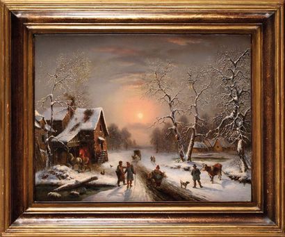 null Louis-Claude MALLEBRANCHE (1790-1838) Scène animée de village sous la neige...