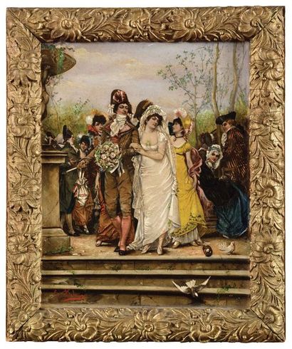null ECOLE FRANCAISE du XIXe siècle Le mariage Huile sur toile Signé "E.DELAGUES"...