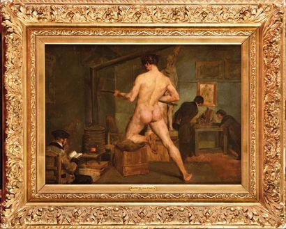 null Jean-Paul LAURENS (1838-1921) Intérieur d'un atelier Huile sur toile Signé et...