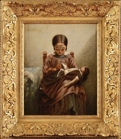 null Théodore Frédéric SALMON (1811-1876) Petite fille cousant pour sa poupée Huile...
