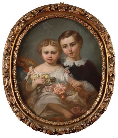 null Hippolyte LAZERGES (1817-1887) Portrait de deux enfants Pastel sur papier contrecollé...