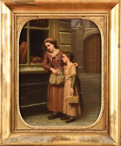 null Ecole Française du XIXe siècle Mère et sa fille Huile sur toile Mongrammée HP...
