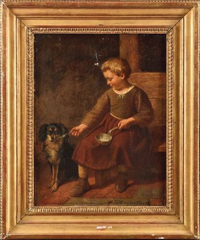 null Pierre Joseph TOUSSAINT (1822-1888) Enfant donnant à manger à son chien, 1868...