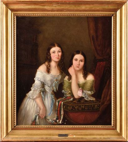 null Albert SCHINDLER (1805-1861) Les deux soeurs à l'ouvrage Huile sur toile Porte...