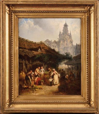 null Léonard SAURFELT (actif entre 1864 et 1890) Le marché Huile sur toile Signé...