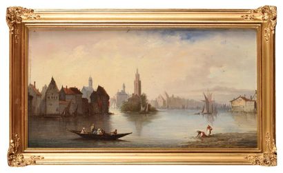 null Ferdinand BONHEUR (1817-1887) Paysages de lacs animés Pendant d'huiles sur panneaux...
