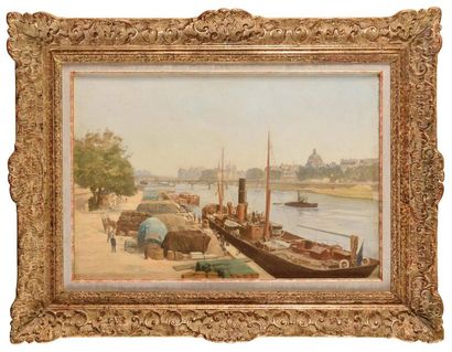 null Léon Auguste OTTIN (c.1839-?) Déchargement du bateau sur la Seine à Paris Huile...