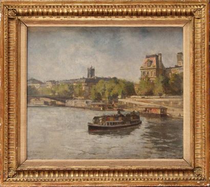 null Emile Henri LESSORE (1830-1895) Le Louvre depuis la Seine à Paris Huile sur...