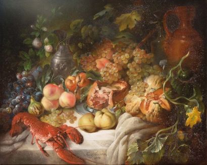 null Hugues FOURAU (1803-1873) Nature morte au homard et à la tourte Pastel Signé...
