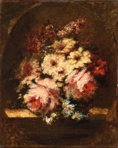 null Narcisse DIAZ DE LA PENA (1807-1876) Bouquet de roses et giroflées sur un entablement...