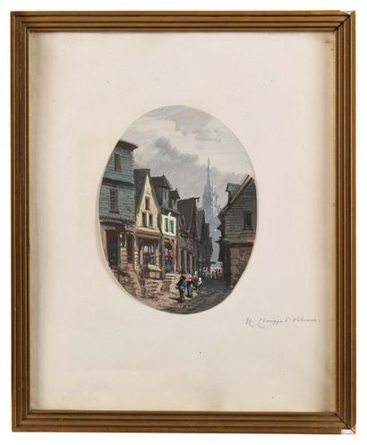 null Jean-Henri CHOUPPE (1817-1894) Ville animée d'Orléans Paire d'aquarelles Monogrammé...