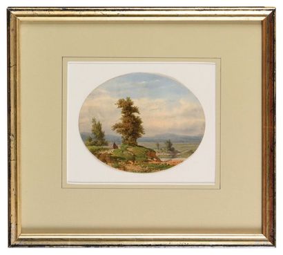 null Hedwig CALMELET (1814-?) Paysage aux lavandières Paire d'aquarelles Signé en...