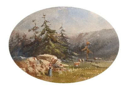 null Jean-Henri CHOUPPE (1817-1894) Sur la Montagne Aquarelle ovale Signé en bas...