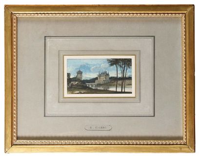 null Eugène CICERI (1813-1890) Scène animée au chateau et à la rivière, Loire Aquarelle...