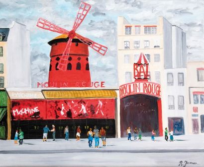 null René JAMES né en 1935. Le moulin rouge. Huile sur toile signée en bas à droite....