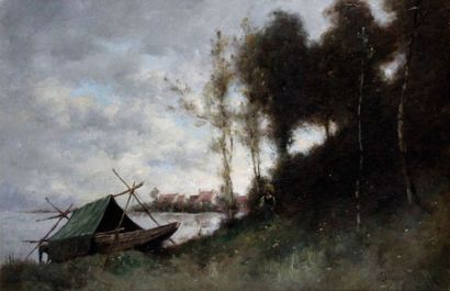 null Paul Desiré TROUILLEBERT 1829-1900. Barques au bord du fleuve. Huile sur toile...