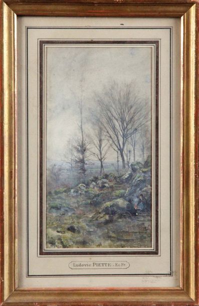 null Ludovic PIETTE 1826-1877. Paysan près du feu, 1860. Aquarelle signée en bas...