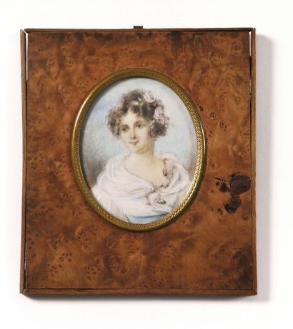 null Oval miniature representing a young woman with flowers in her hair on a blue...