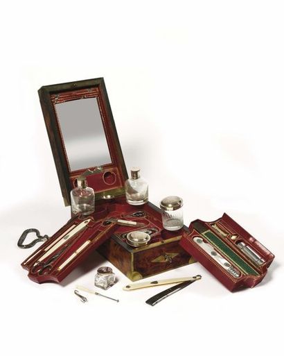 null Travel kit in a rectangular box made of cedar veneer decorated with brass, silver,...