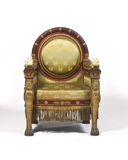 null Mahogany throne, mahogany veneer and gilded wood, with a wide medallion backrest,...