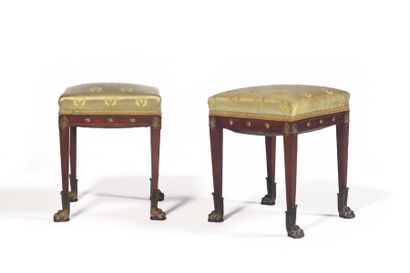 null Pair of square-shaped stools in mahogany veneer, the straight belts, they rest...